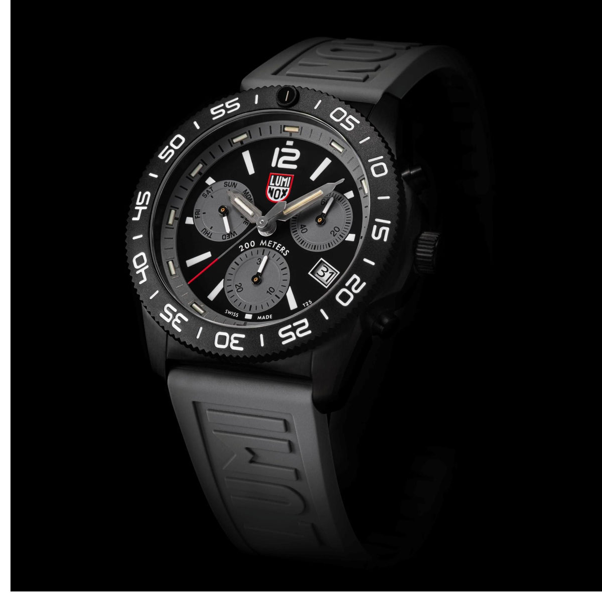 Luminox Pacific Diver chronograph watch angled view, black dial, rubber strap