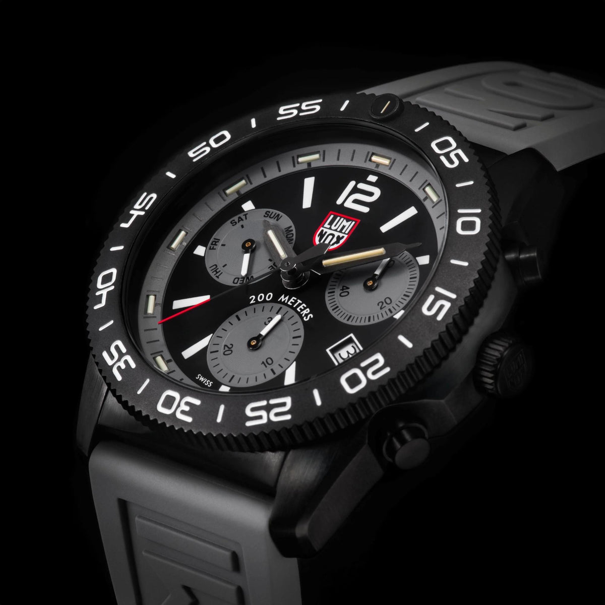 Luminox Pacific Diver chronograph watch close-up with black dial and luminous markers