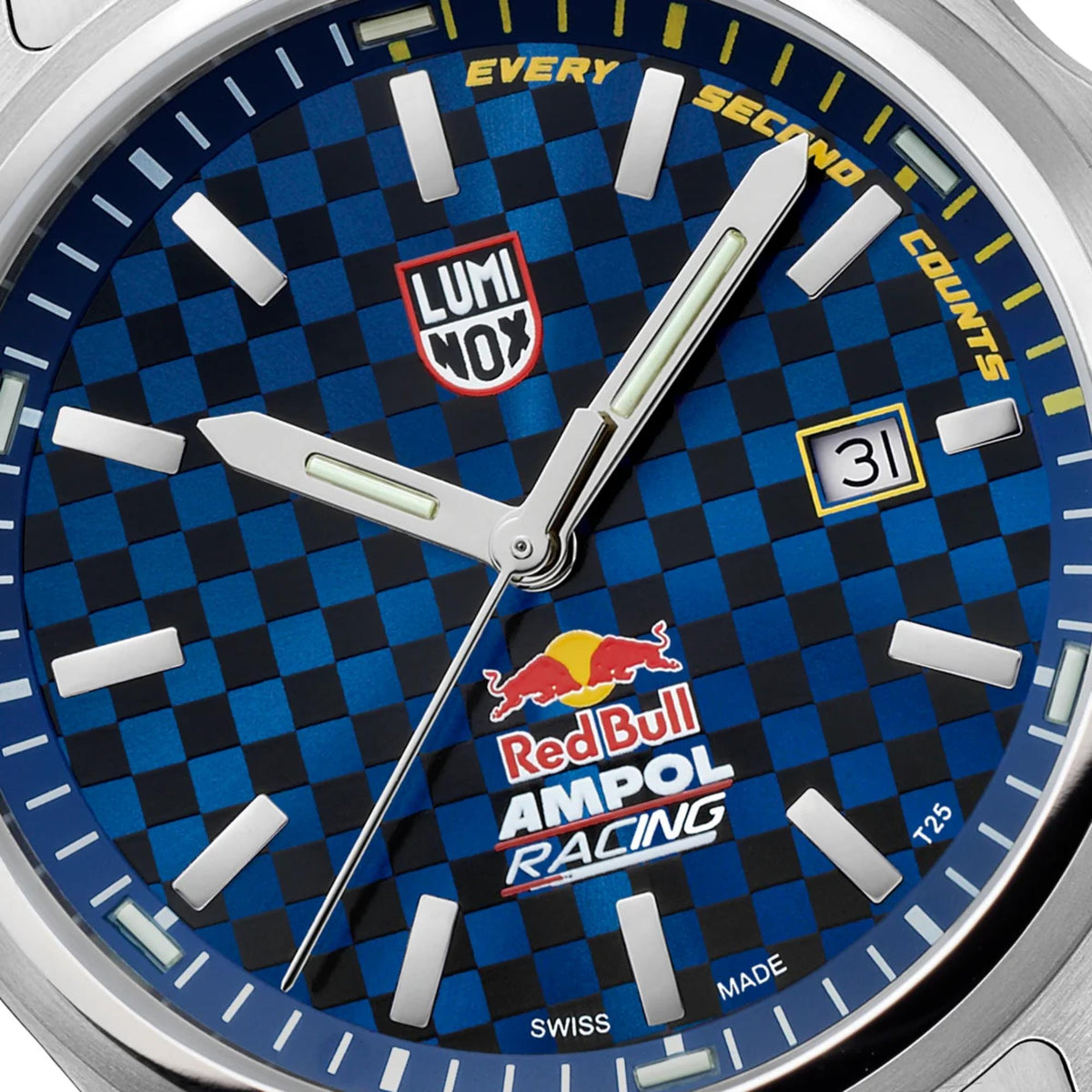 Close-up of blue checkered pattern dial, date window, and Red Bull Ampol Racing branding on Luminox Atacama Field XL.2523.ARB.N