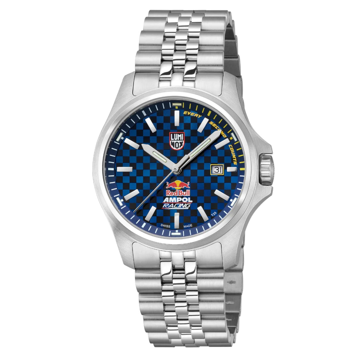 Angled front display of Luminox Atacama Field XL.2523.ARB.N quartz watch with multi-link steel bracelet