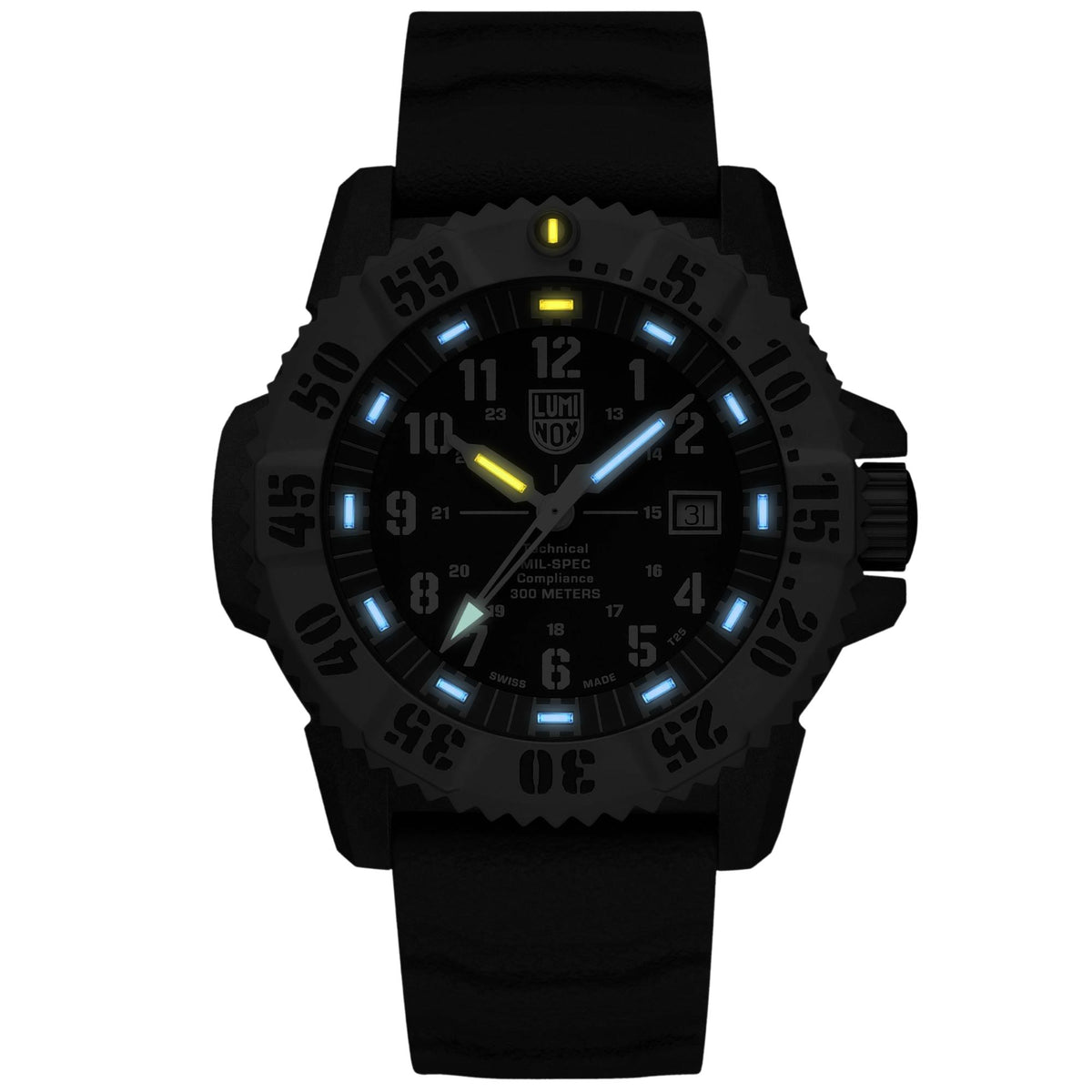 Luminox MIL-SPEC XL.3351.2 highlighting its illuminated hour markers and glowing hands