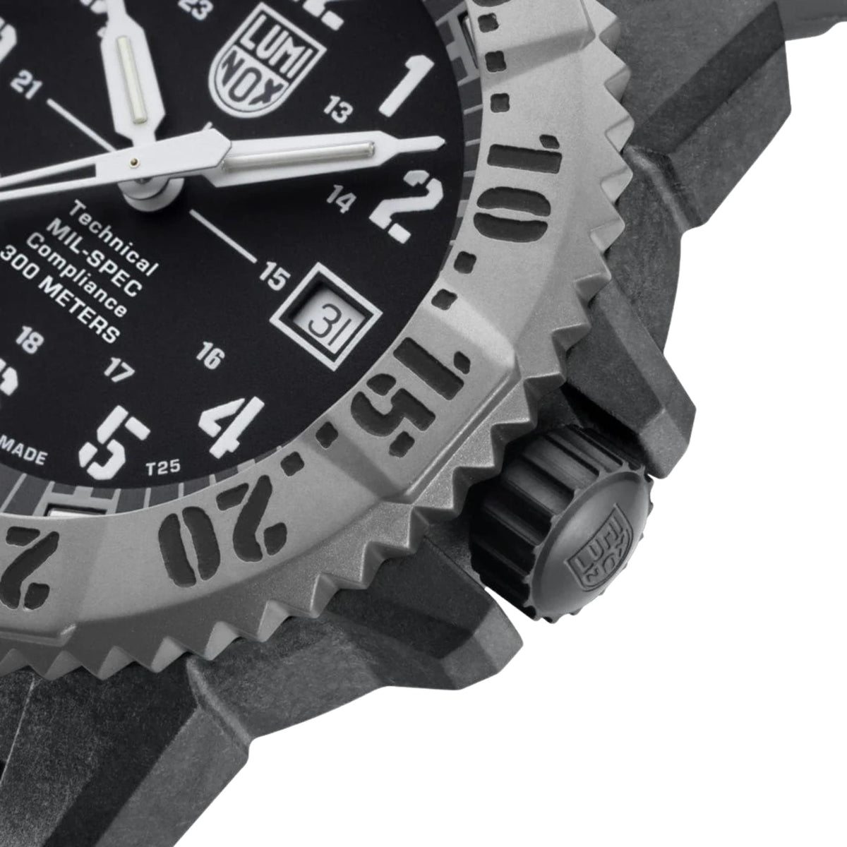 Close-up perspective of the notched titanium bezel and knurled crown on the Luminox MIL-SPEC XL.3351.2