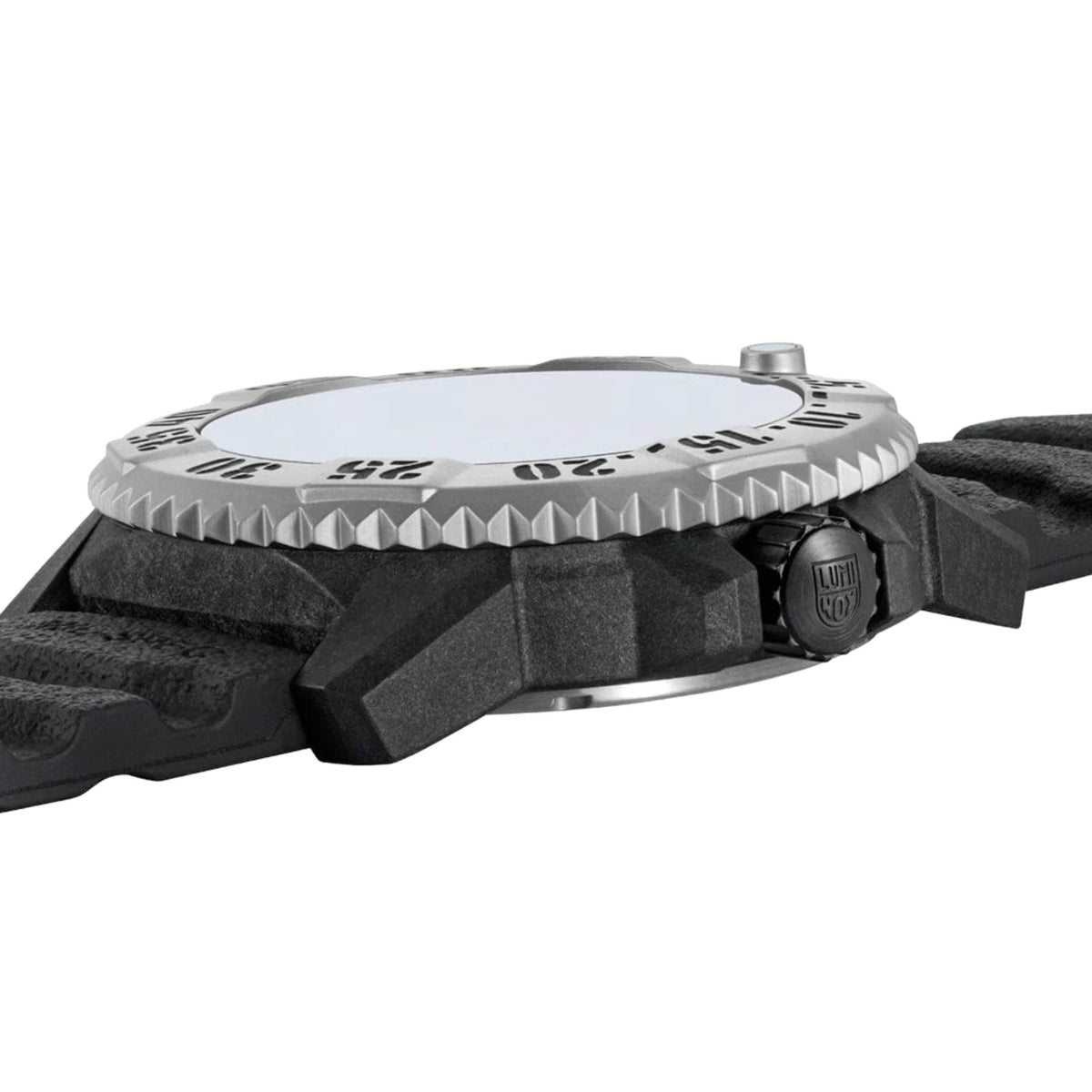 Side profile view highlighting the thick titanium bezel and textured rubber strap of the Luminox MIL-SPEC XL.3351.2