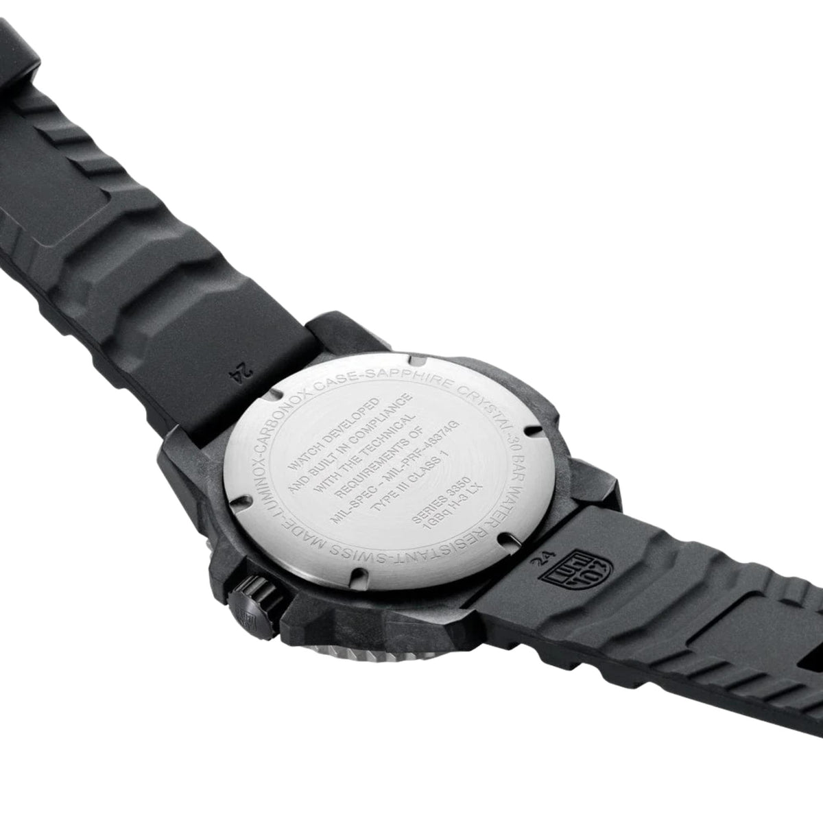 Rear view showing the engraved stainless steel case back and strap undersides of the Luminox MIL-SPEC XL.3351.2