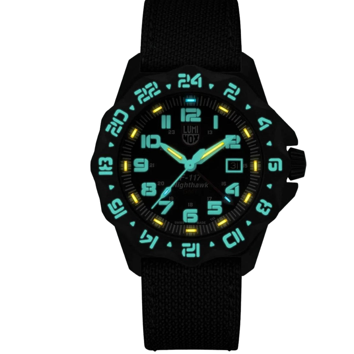 Black dial Luminox quartz wristwatch with luminous markers, black fabric strap and case