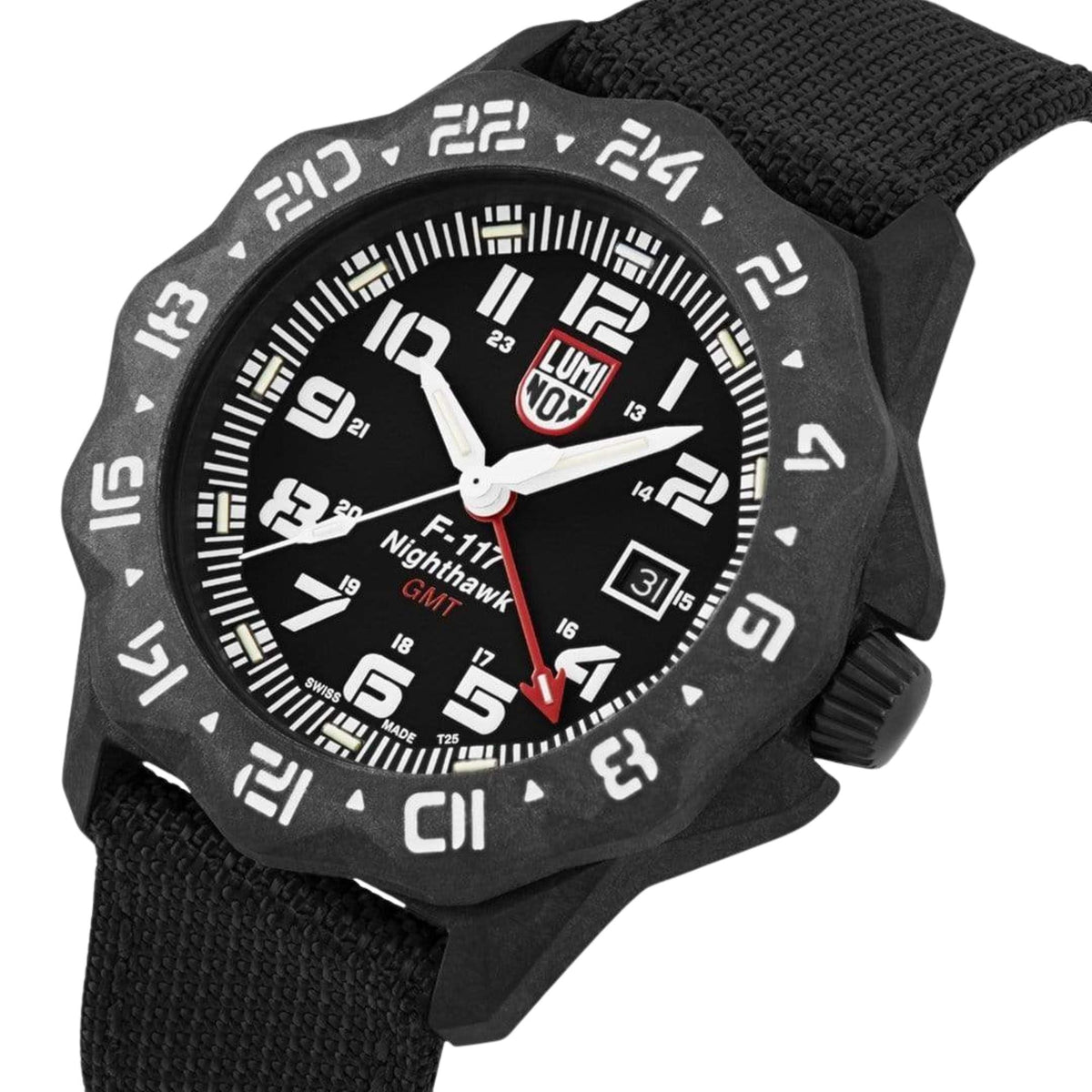 Black dial Luminox quartz watch with white numerals, black fabric strap and angular case