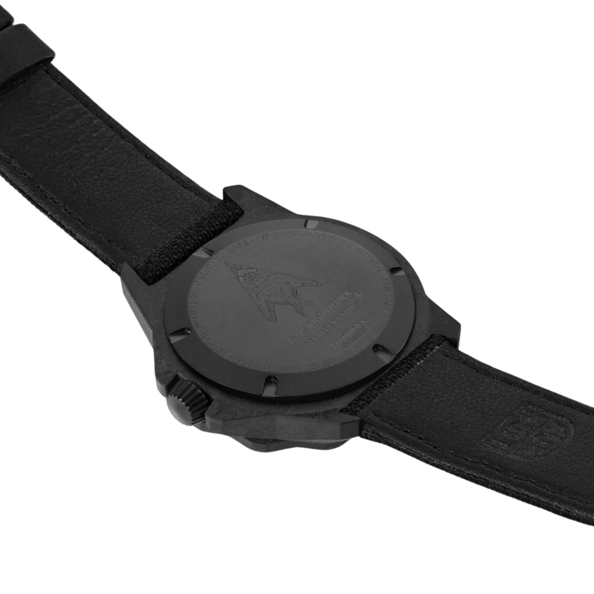 Black watch caseback with engraved emblem and black leather-like strap