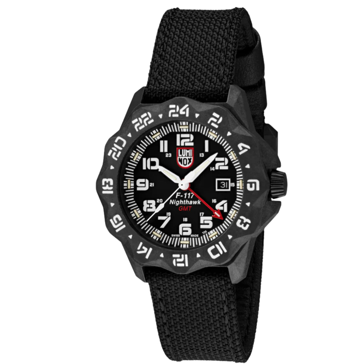 Black dial Luminox quartz wristwatch with green glow accents and black fabric strap