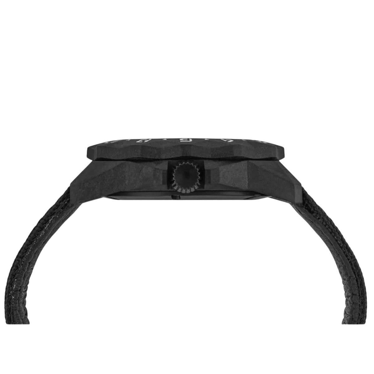 Angular black watch case side view with crown and black fabric strap