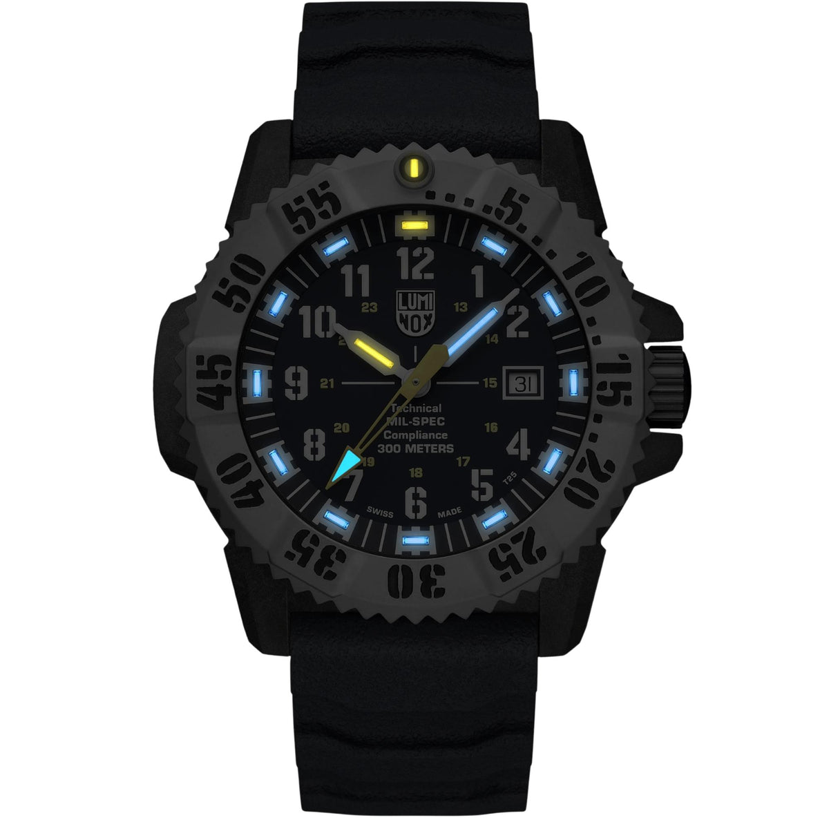 Men's quartz dive watch with blue dial, silver rugged bezel, and black rubber strap.
