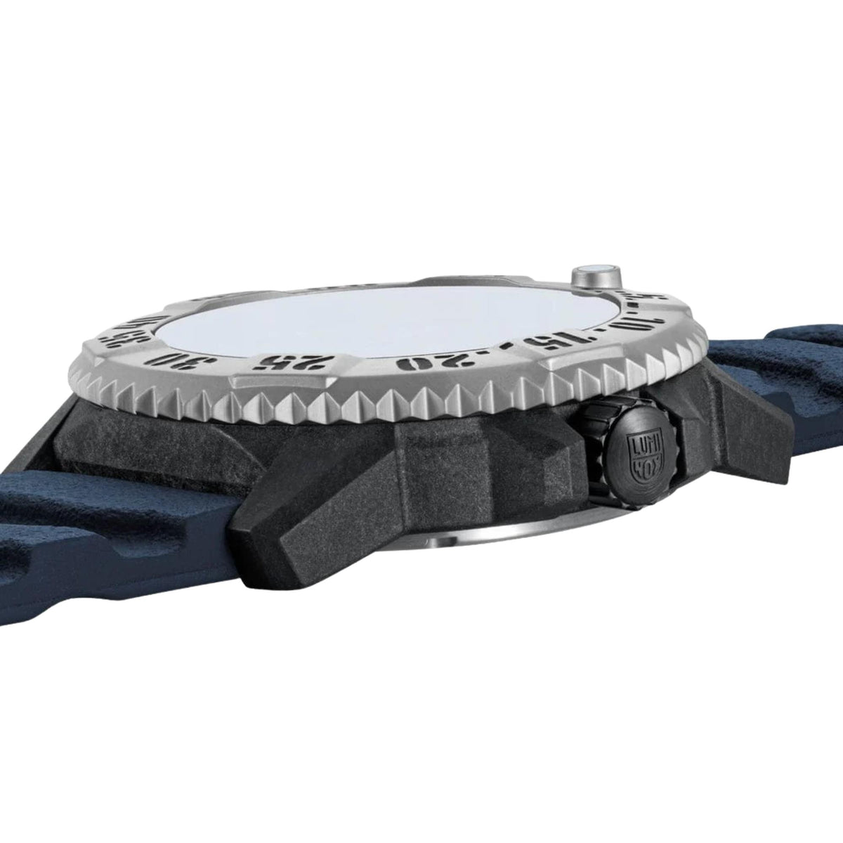 Men's quartz dive watch side profile with silver bezel and dark rubber strap with clasp.