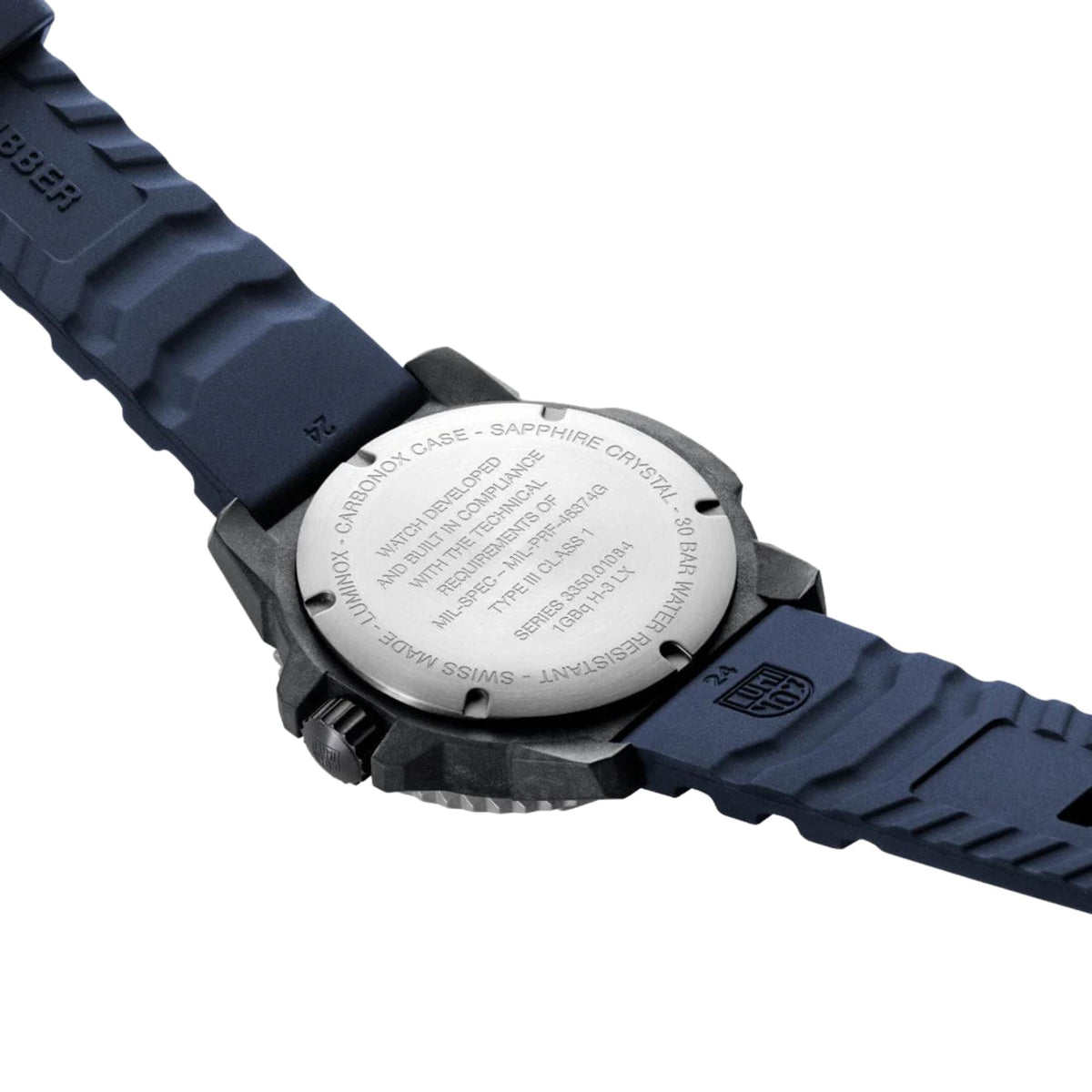 Men's watch back view with engraved case and dark navy rubber strap and buckle.