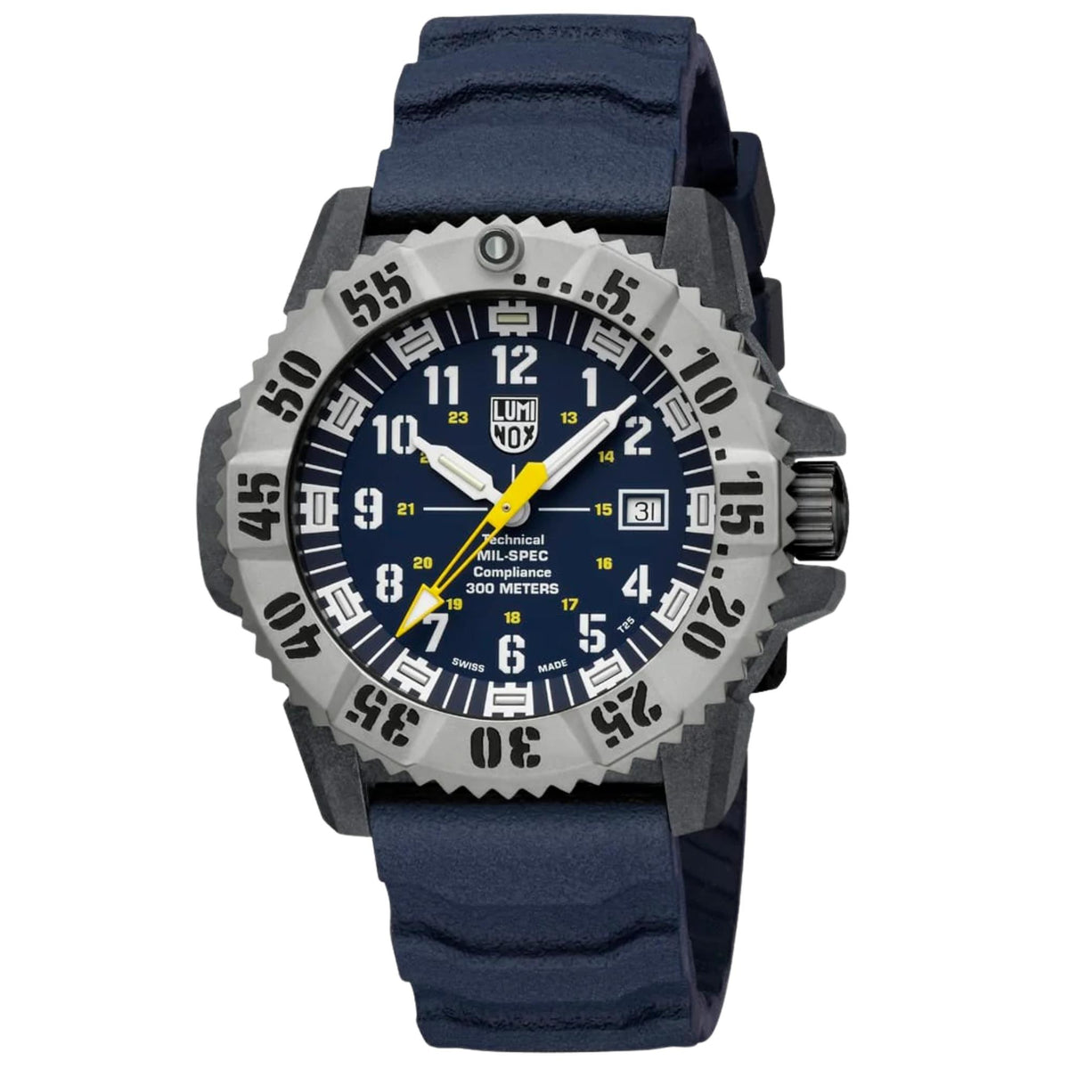 Men's quartz watch with blue dial, steel-look bezel, and dark blue rubber strap