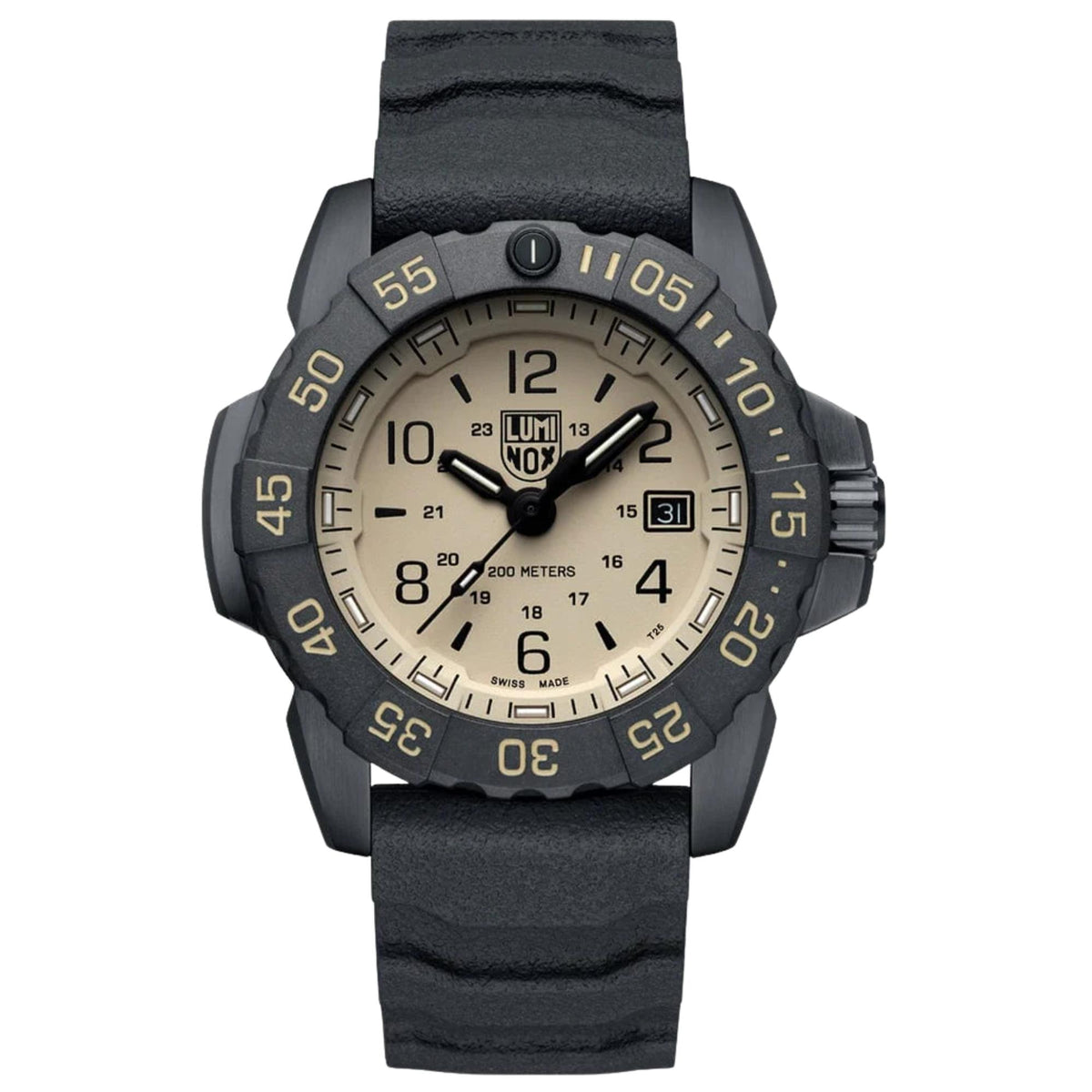 Mens quartz dive watch with sand dial, black bezel, black rubber strap