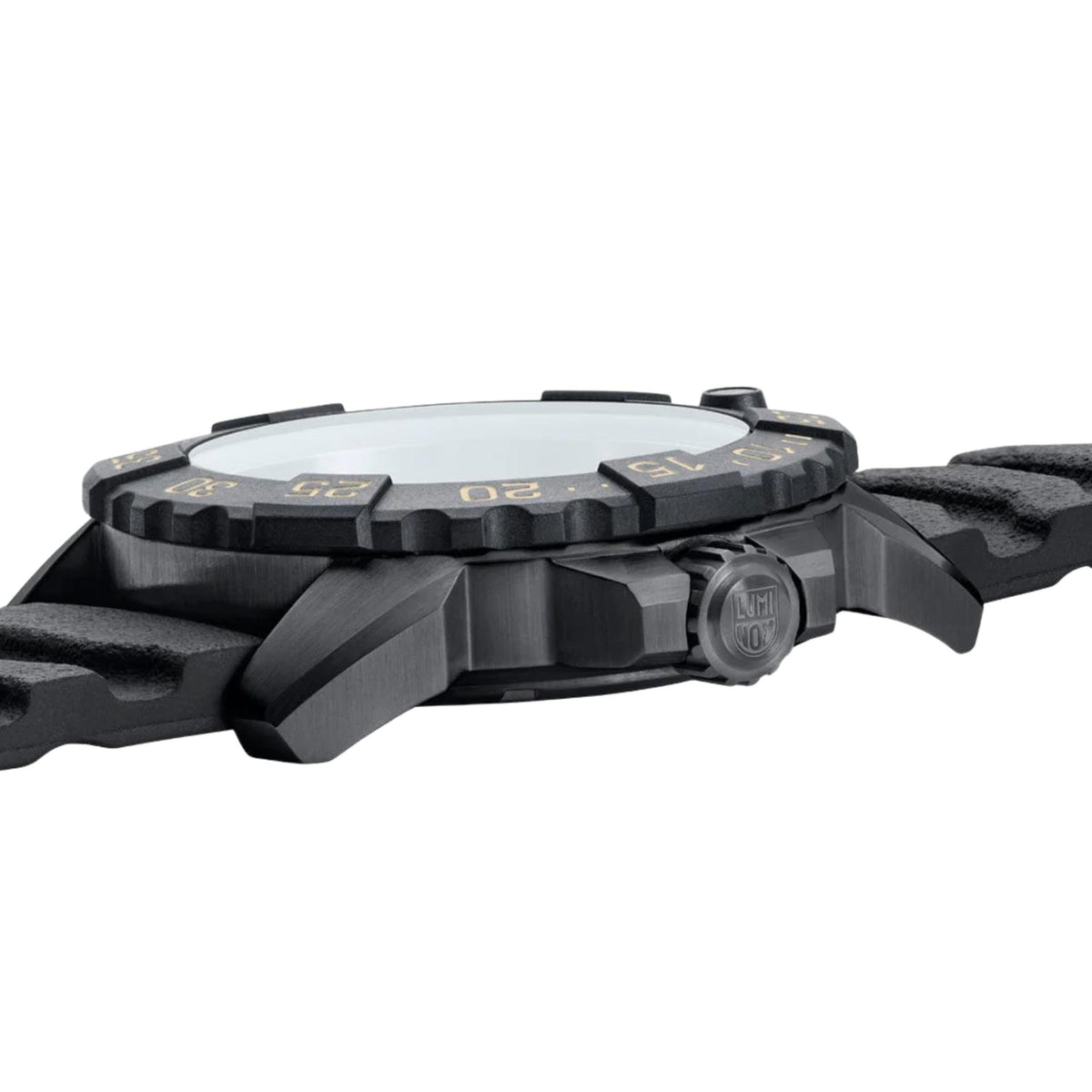 Black-cased quartz dive watch with black rubber strap, side profile view