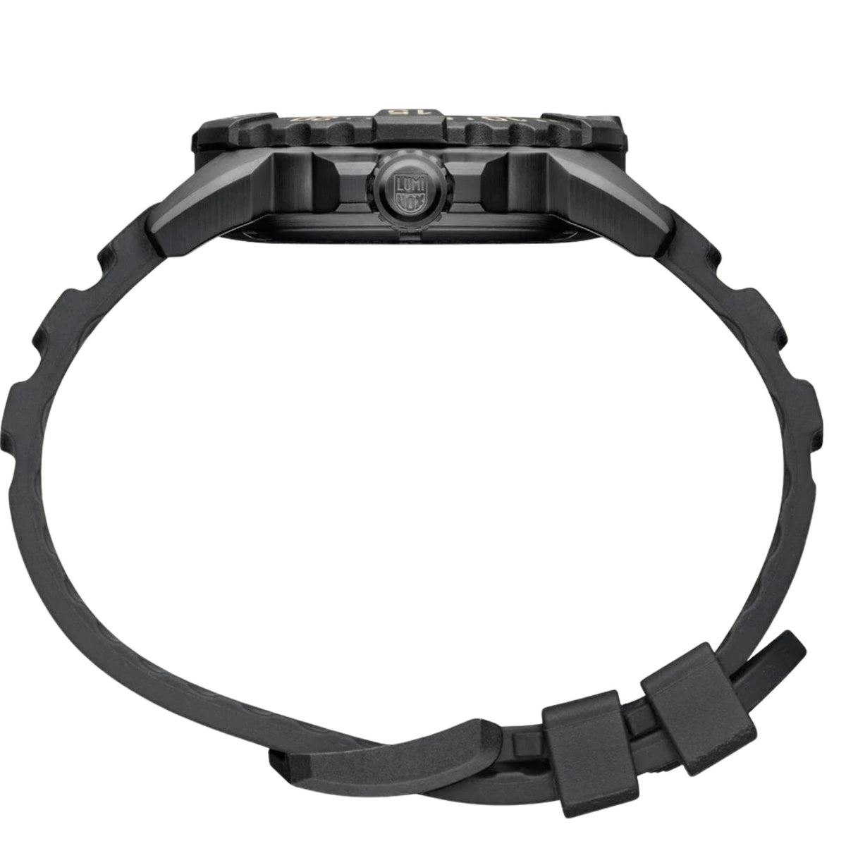 Black rubber watch strap with black steel caseback, close-up view