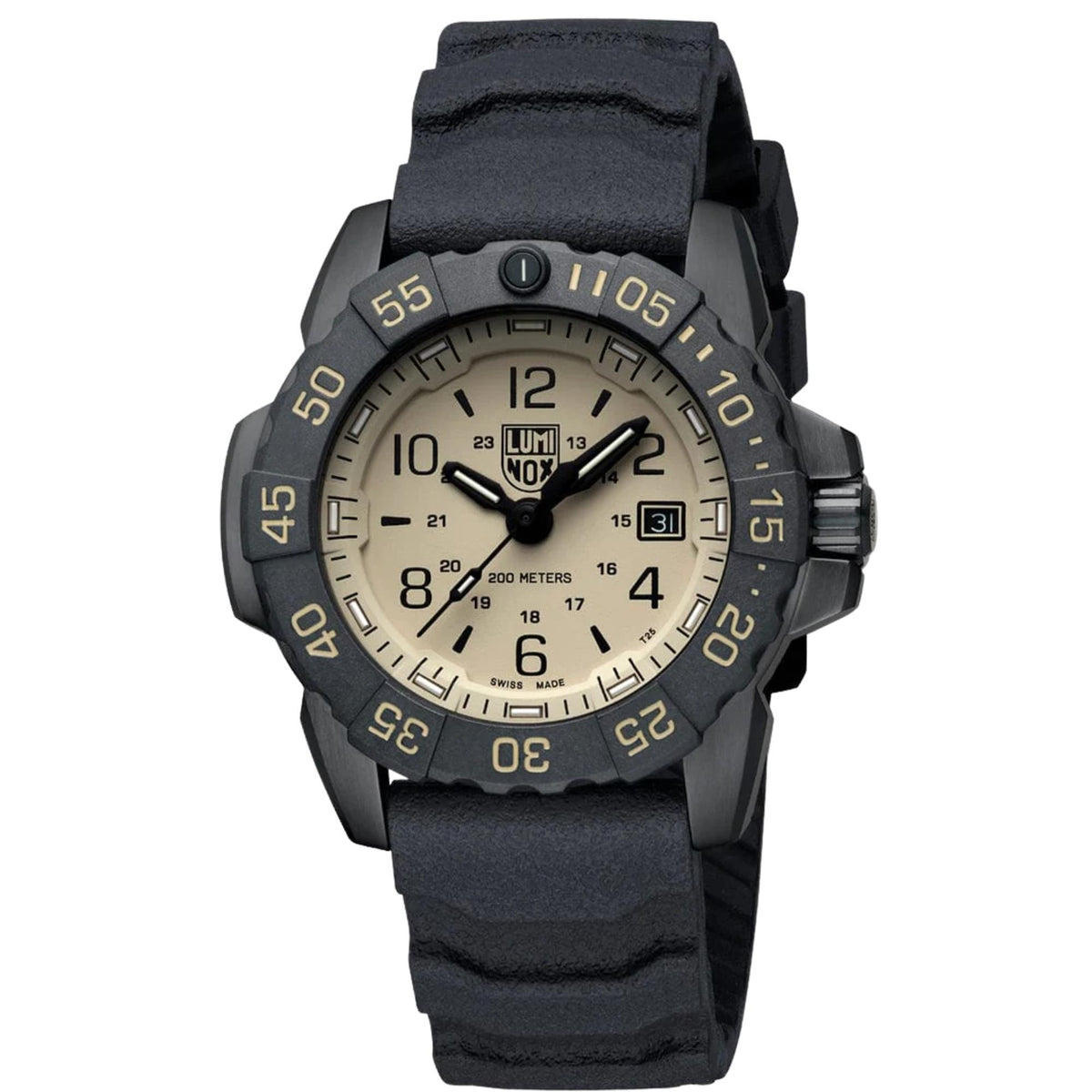 Men's dive quartz watch with sand dial, black bezel, and black rubber strap