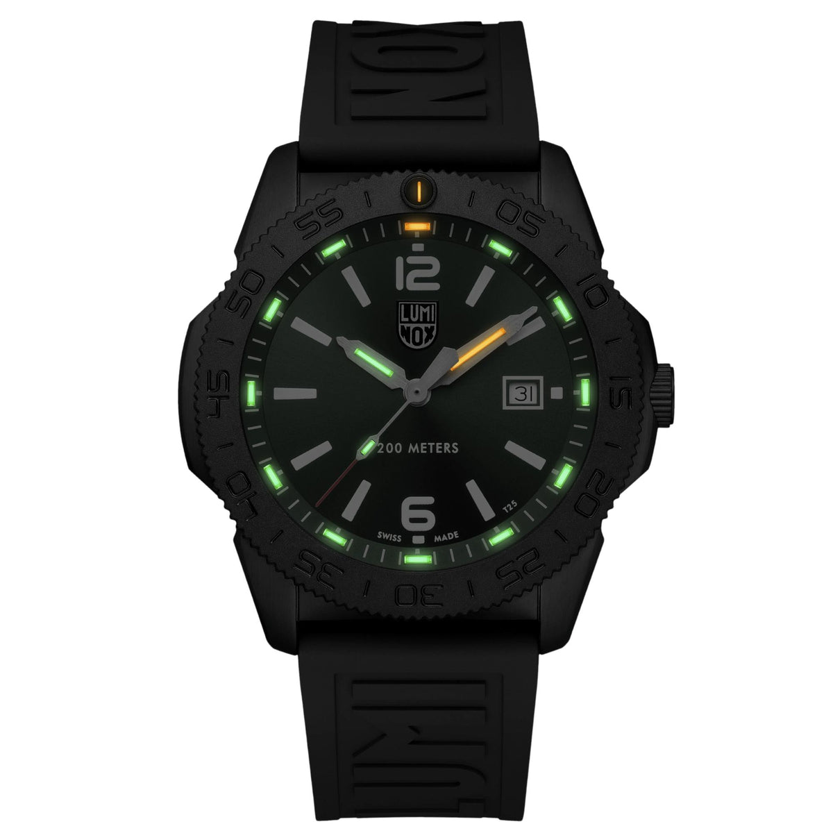 Night view showing tritium light tube illumination on Luminox Pacific Diver XS.3137.B black case green dial watch