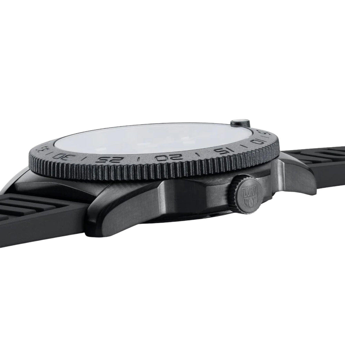 Side profile of Luminox Pacific Diver XS.3137.B showing a thin black stainless steel case and a uni-directional bezel
