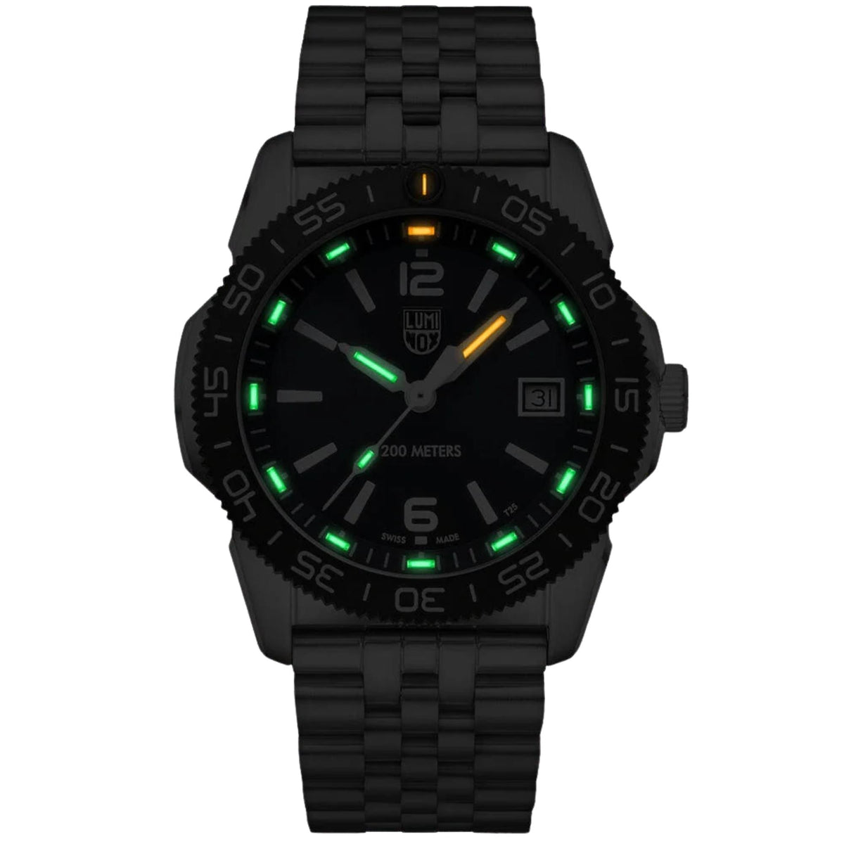 Diver watch with black dial, bright green luminous markers, and black bracelet