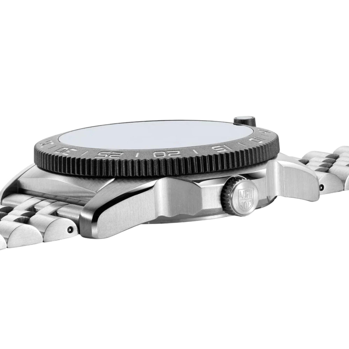 Stainless steel diver watch case back with ridged bezel and engraved markings