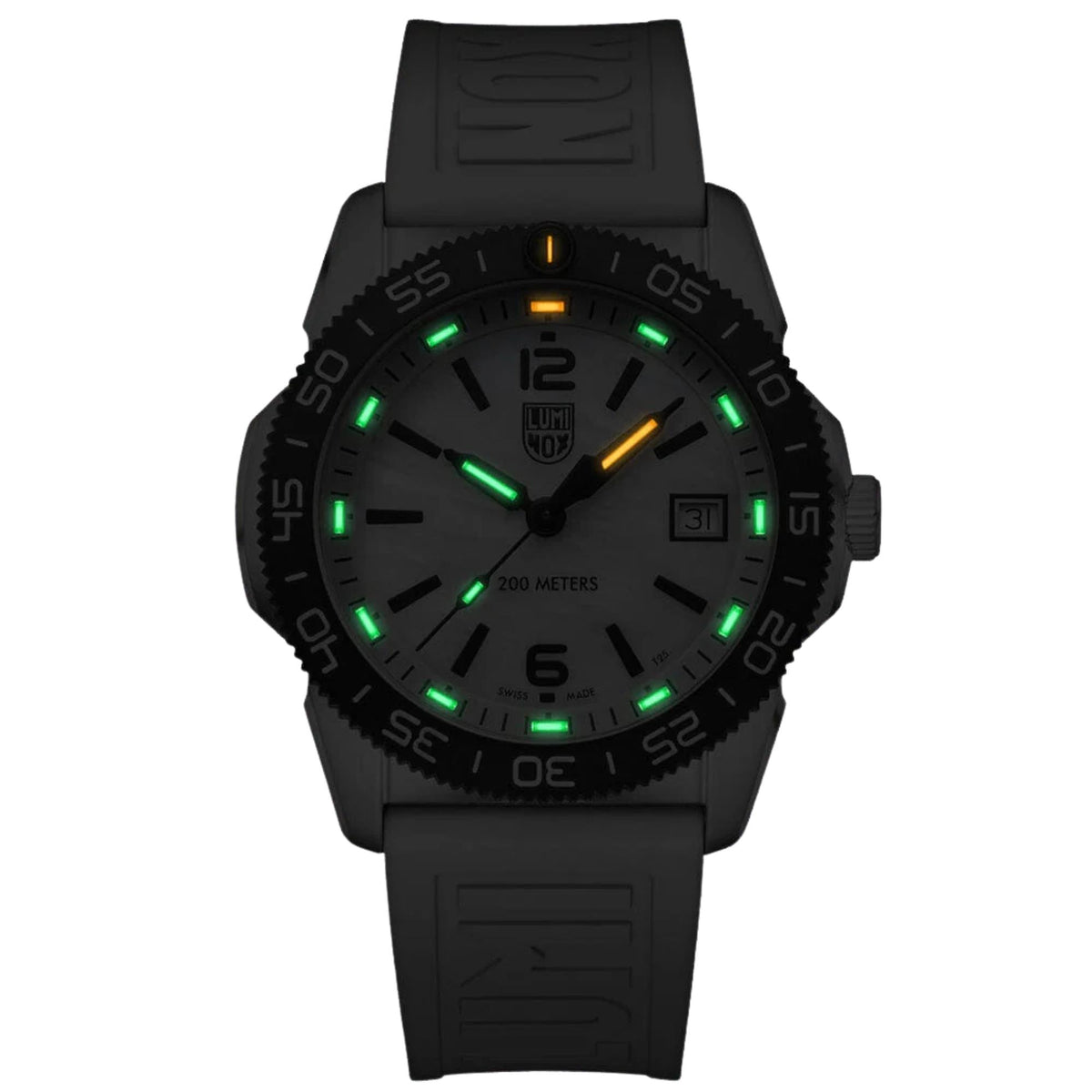 Black diver watch with luminous markers, black case, and black rubber strap