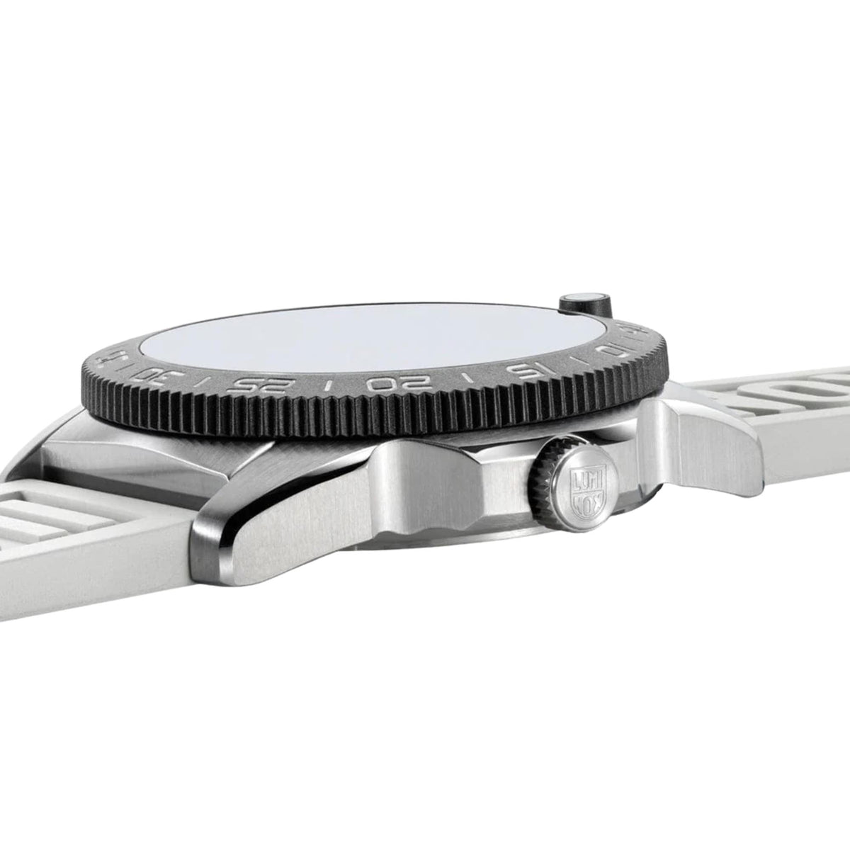 Stainless diver watch case side view with ridged bezel and crown