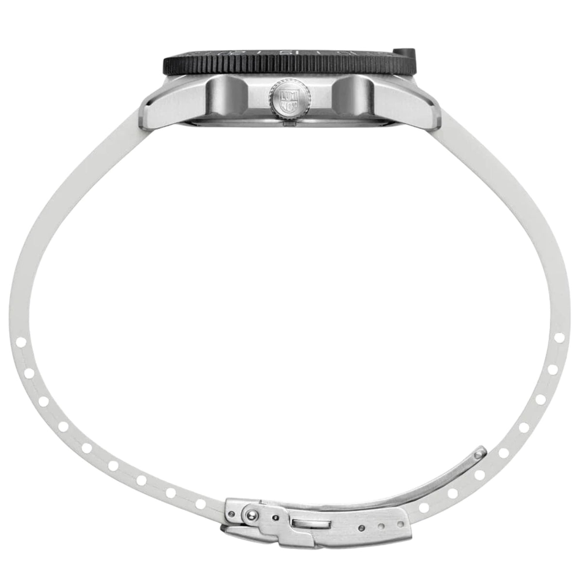 Stainless steel watch case with gray rubber strap and metal clasp, no dial visible.