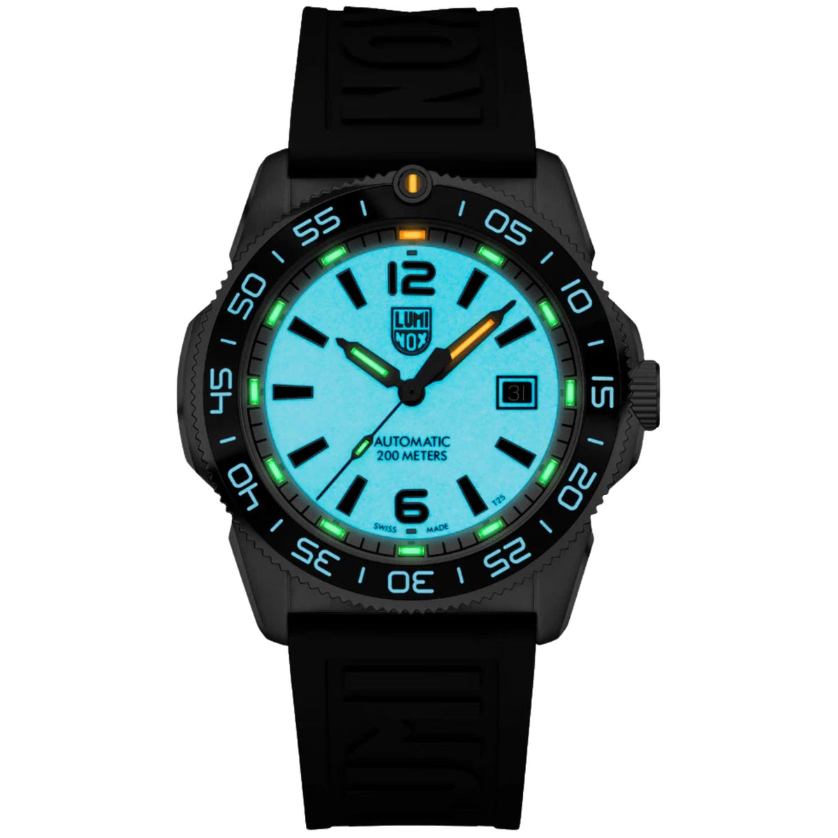 Men's automatic diver watch with black case, aqua glow dial, black rubber strap, date window
