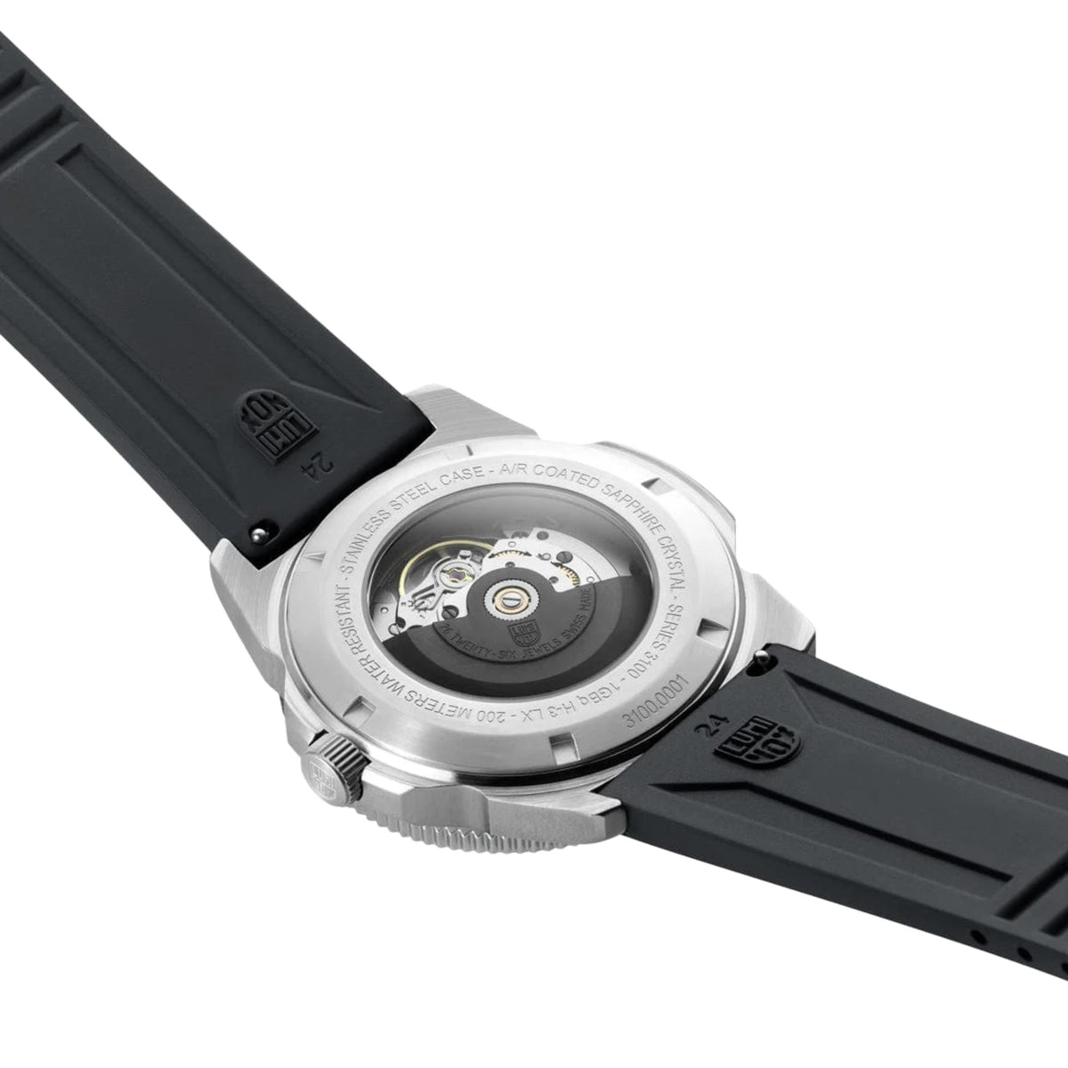 Back view of automatic diver watch with stainless steel case and black rubber strap