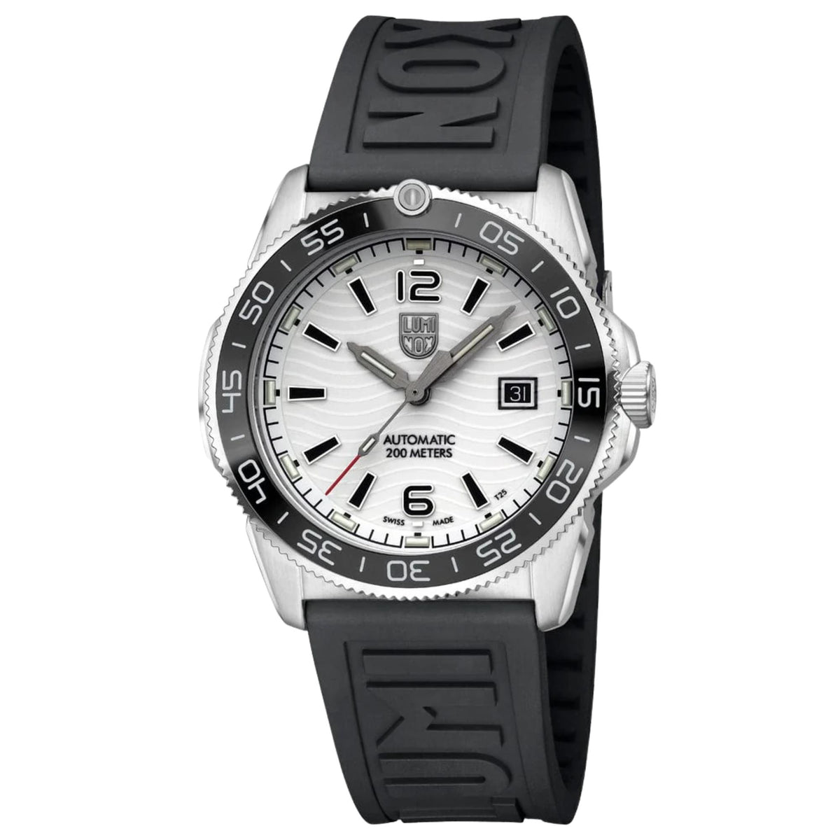 Men's automatic dive watch with white dial, black bezel, and black rubber strap