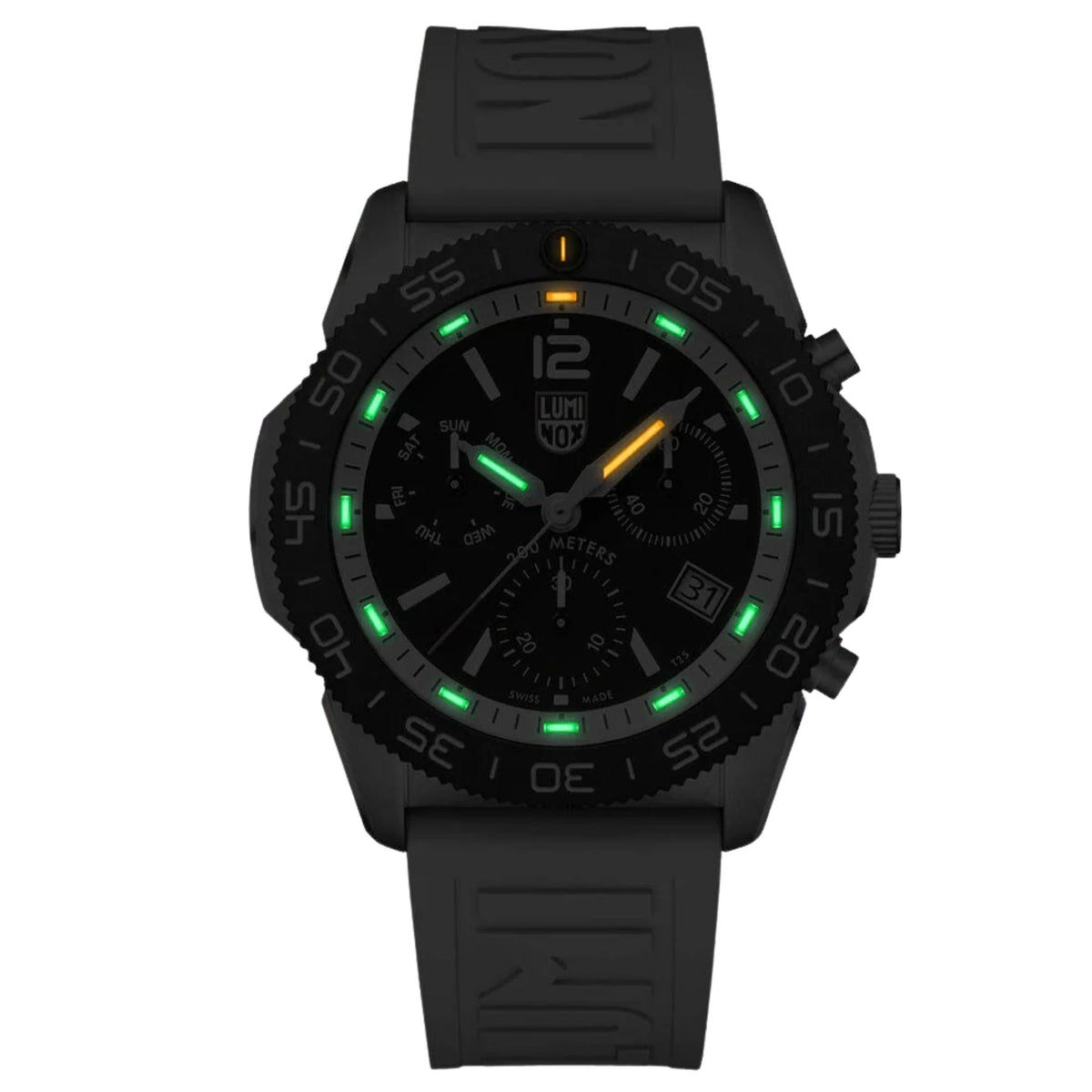 Men's diver chronograph quartz watch with black dial, glowing lume markers, and black rubber strap