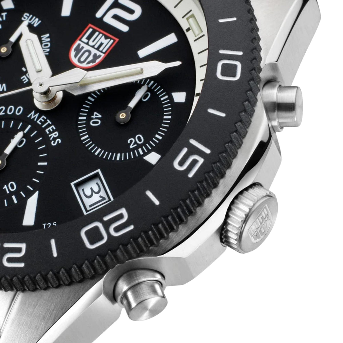 Men's diver chronograph watch case with notched bezel and side crown, black dial