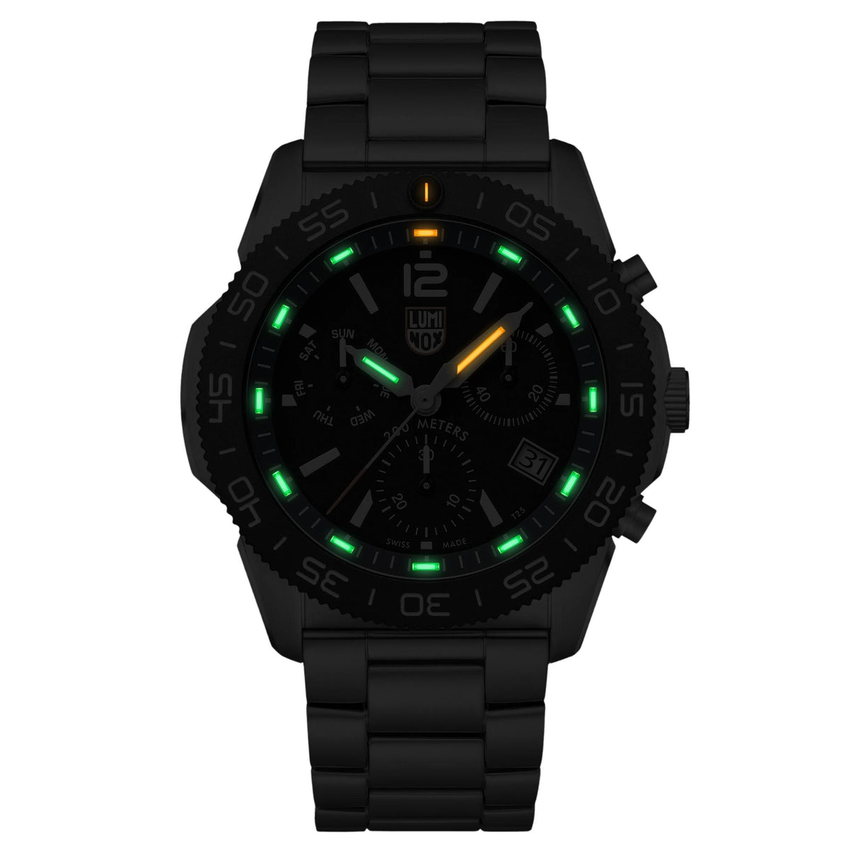 Men's black chronograph dive watch with glowing indices and multi-dial layout