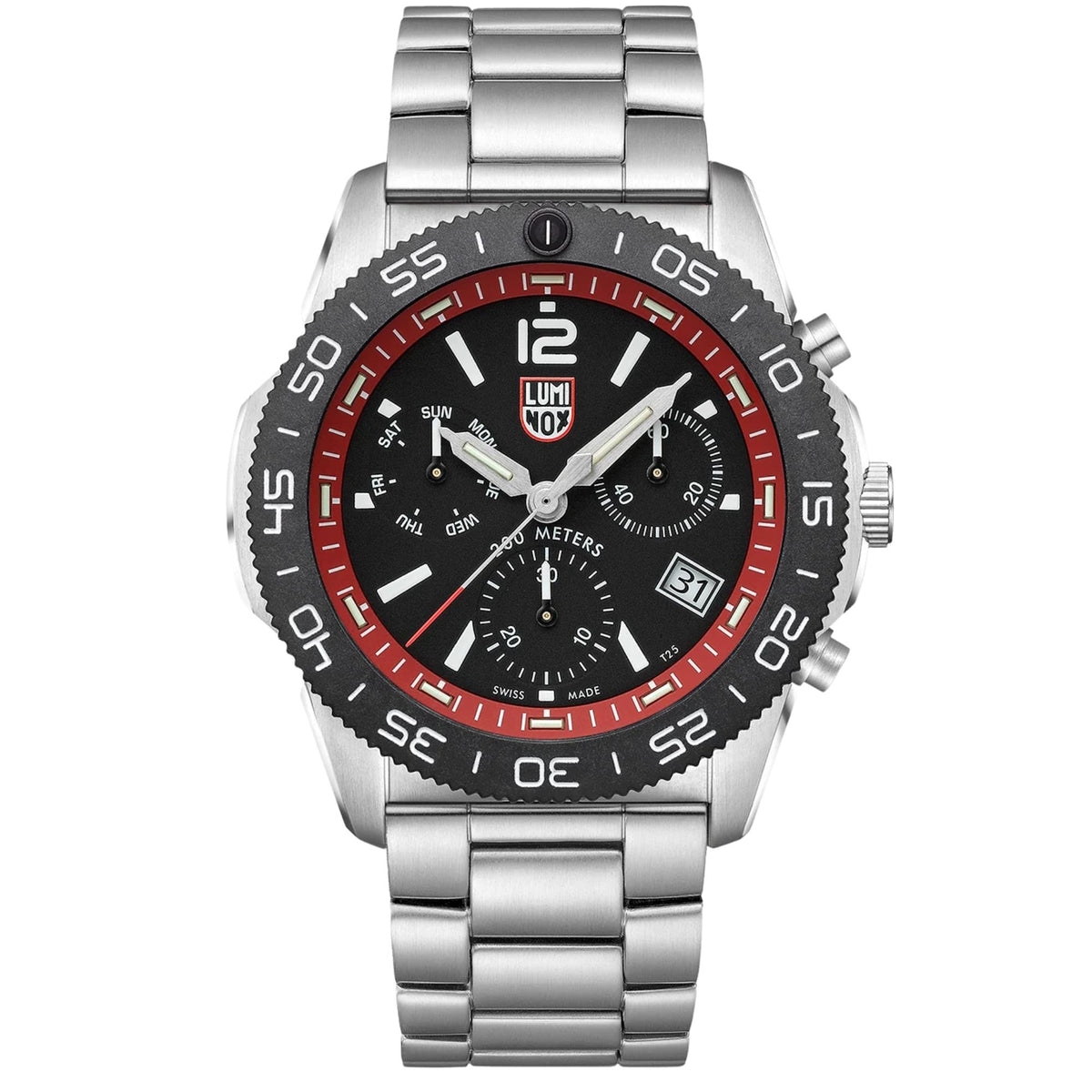 Men's steel chronograph watch with black dial, red bezel accents, and metal bracelet