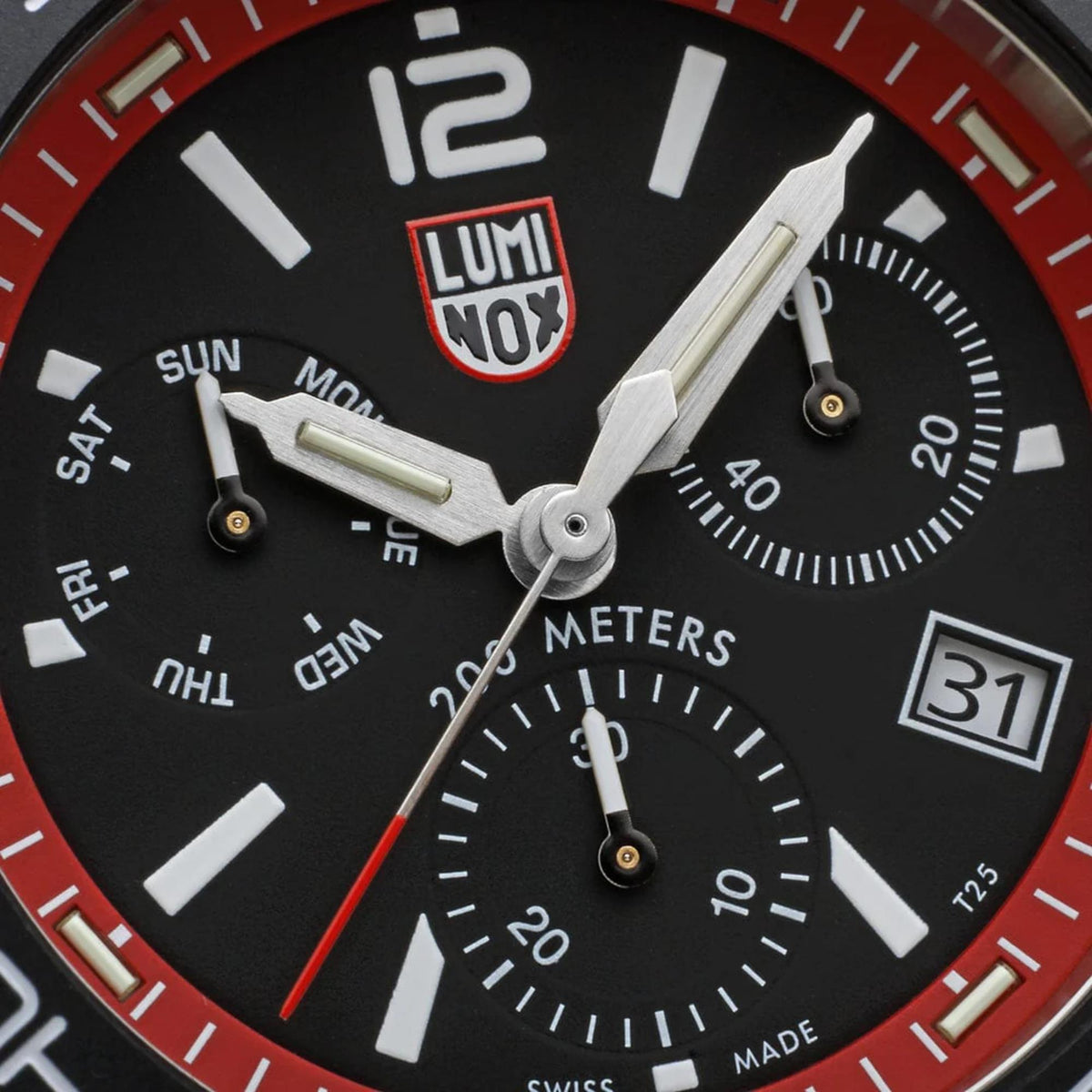 Men's black dial chronograph close-up with red minute track and luminous hands