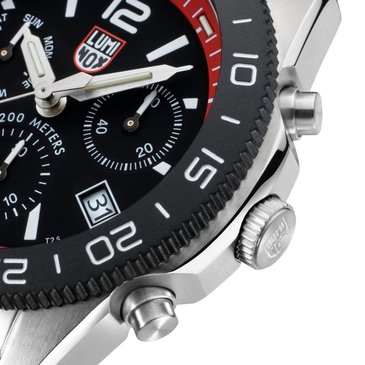 Steel diver watch side view with crown and knurled bezel edge, black dial