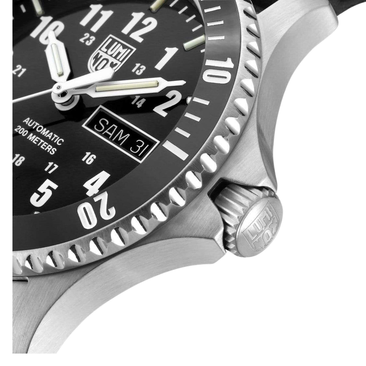 Men's 42mm automatic sport watch, black dial, serrated bezel and crown close-up