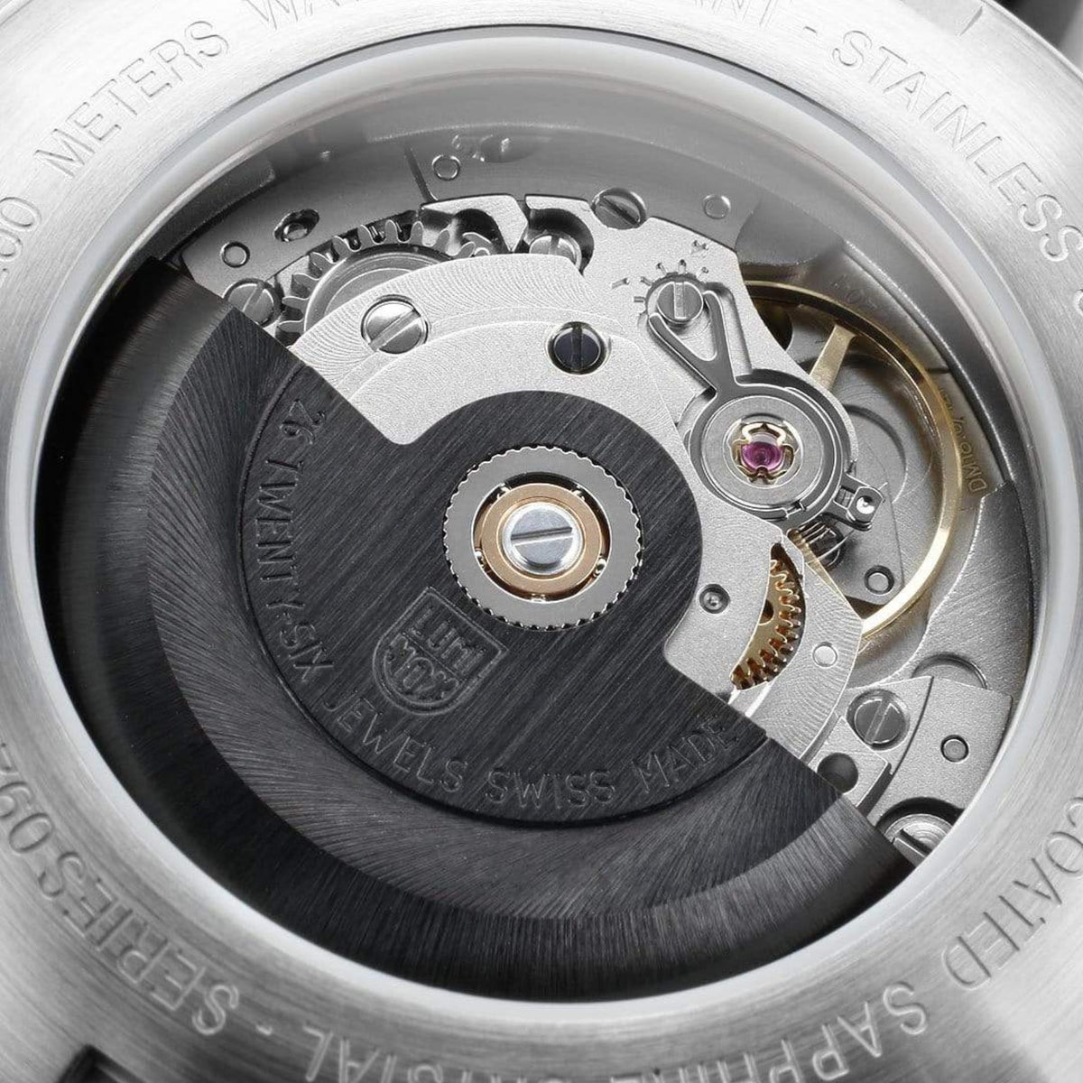 Automatic watch movement with visible gears under transparent case back