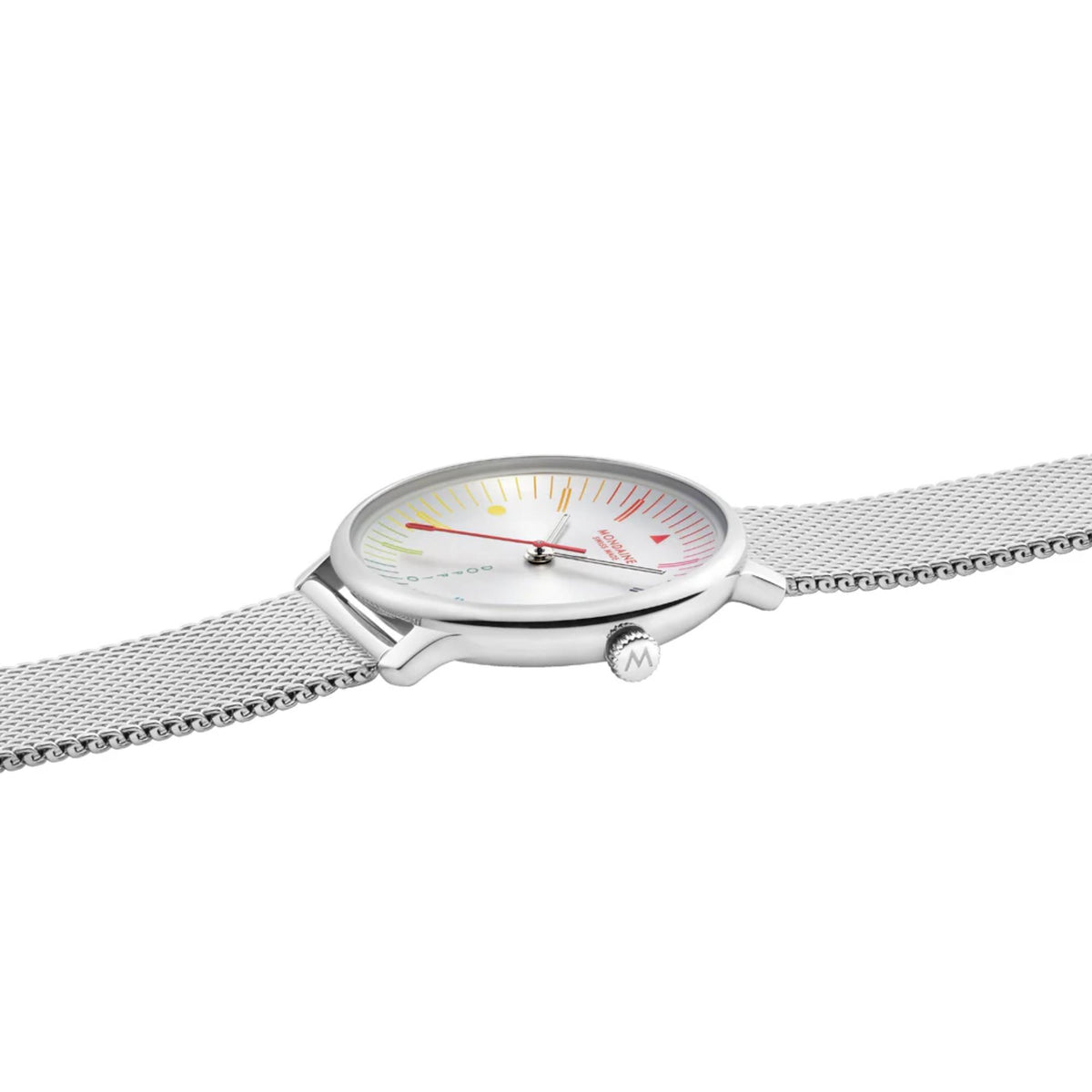 Side angle view of Mondaine Doppio MLE.33112.SM stainless steel case and mesh strap, showing the textured crown marked with the 'M' logo