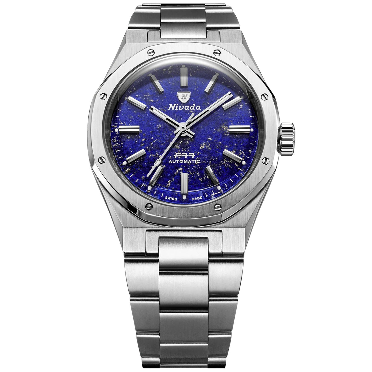 Nivada Grenchen F77 MK1 68009A77 lapis lazuli dial front view on white background