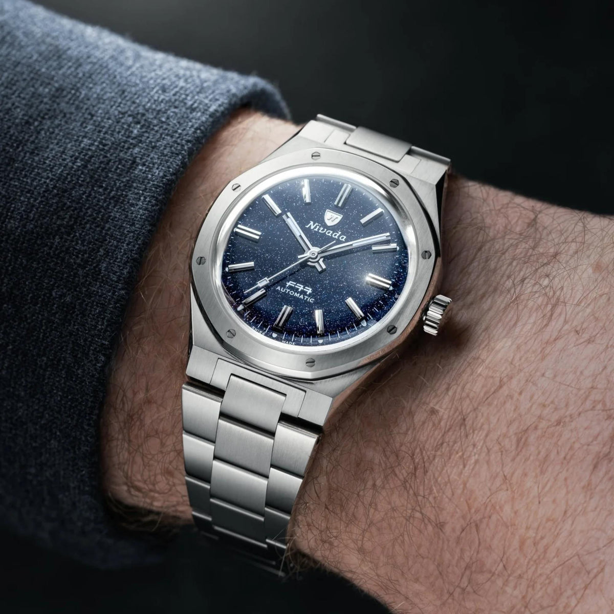 Nivada Grenchen F77 MK1 68010A77 dark blue dial watch on wrist