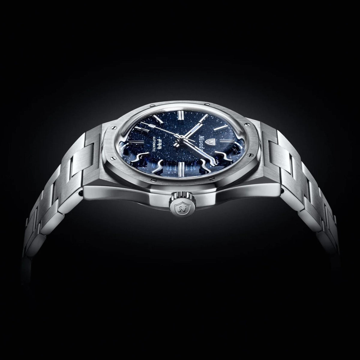 Nivada Grenchen F77 MK1 68010A77 dark blue dial horizontal side profile view
