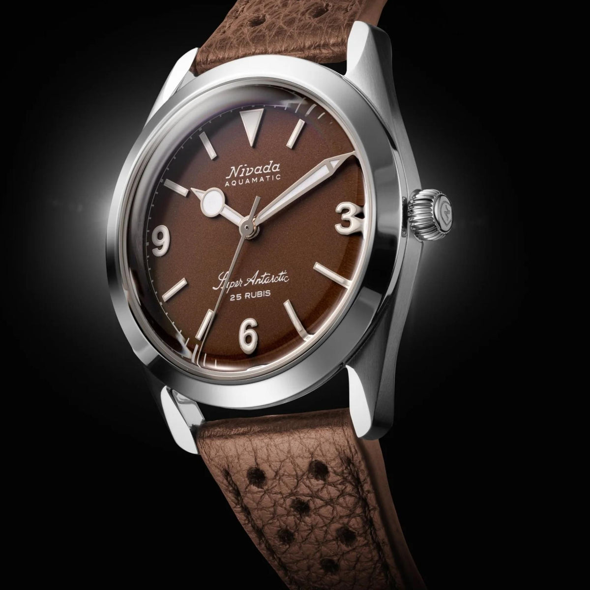 Nivada Grenchen Super Antarctic 32040A23 brown dial angled view with stainless steel case