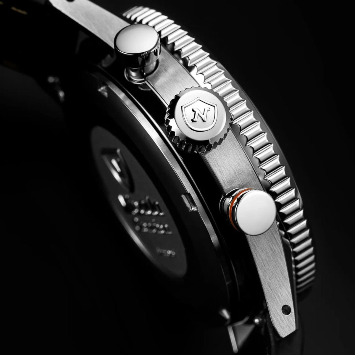 Nivada Grenchen Chronoking Mecaquartz 87048Q04 stainless steel case side view with signed crown and pushers