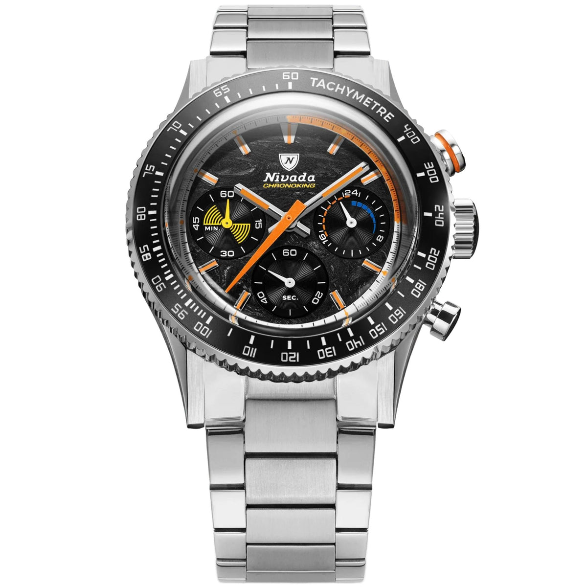 Nivada Grenchen Chronoking Mecaquartz 87049Q20 black dial front view with stainless steel bracelet