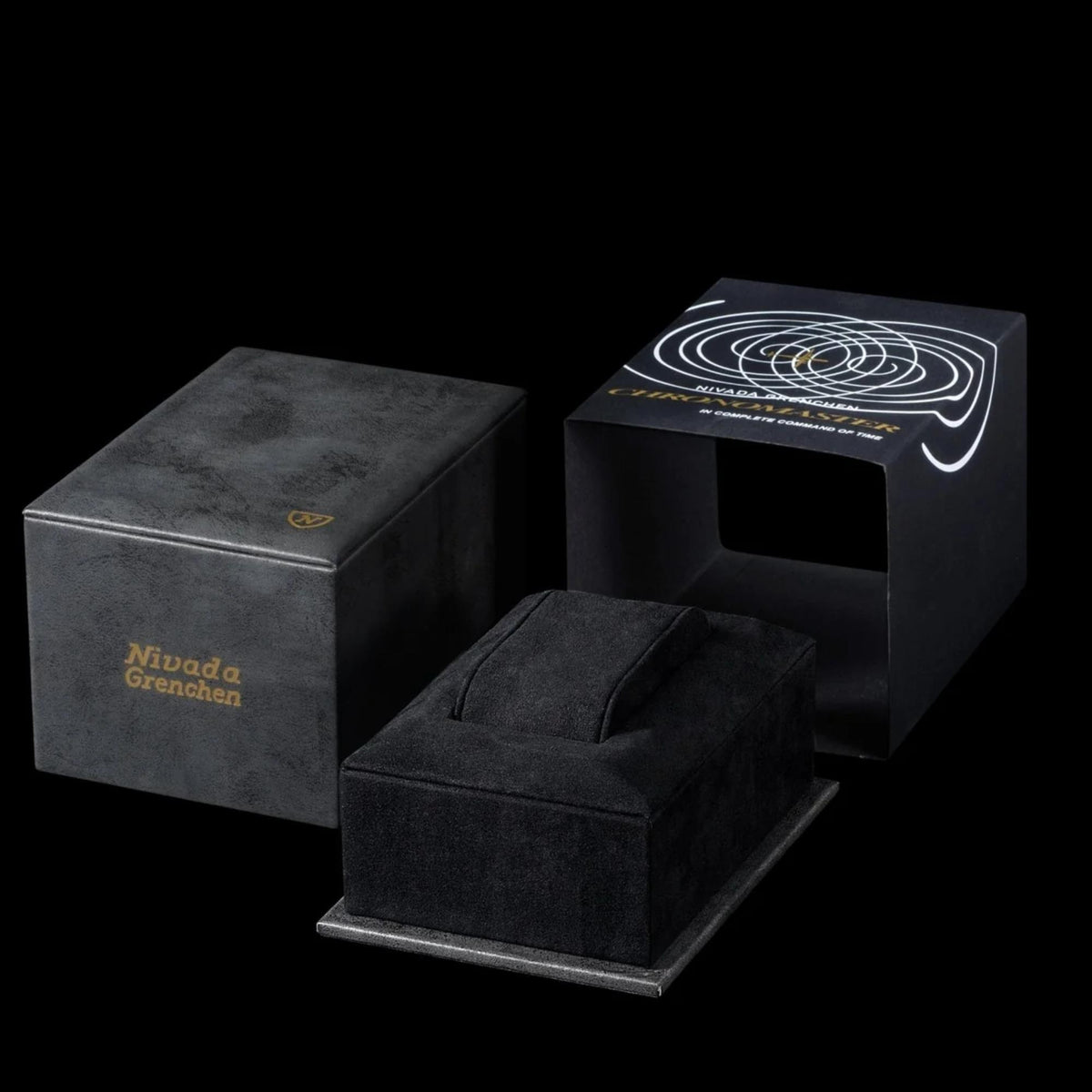Nivada Grenchen Chronomaster 86011M01 premium textured inner box with gold branding and soft velvet display stand