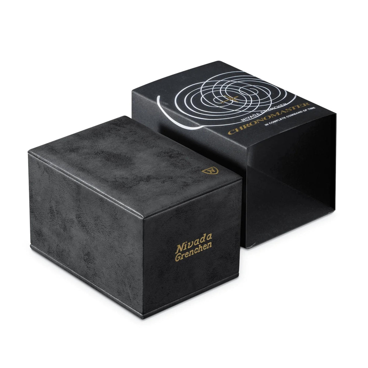 Nivada Grenchen Chronomaster 85008M04 closed presentation box alongside outer packaging sleeve