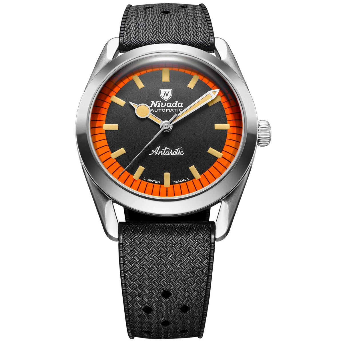 Men's automatic wrist watch with black dial, orange bezel, and black rubber strap