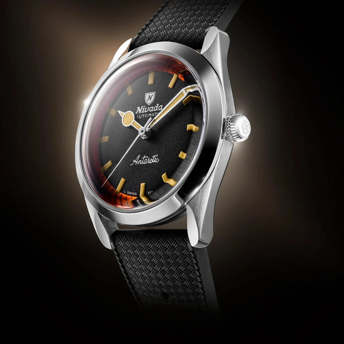 Men's automatic wrist watch, black dial with orange bezel and silver case with crown